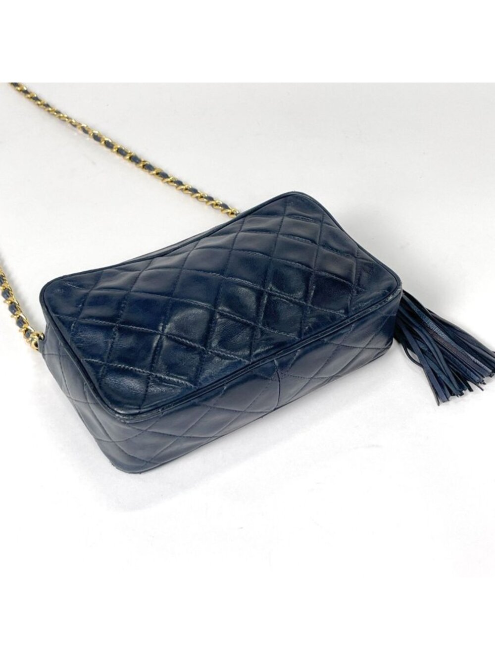 Chanel Shoulder Bag CC Logo Fringe Leather Navy - Picture 2 of 10